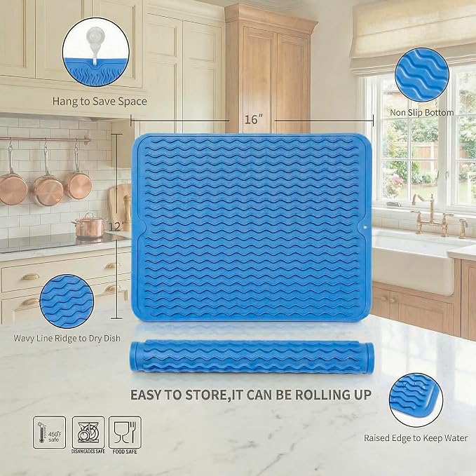 MicoYang Silicone Dish Drying Mat — Quick-Dry Ridges Counter & Sink Pad - Image 2
