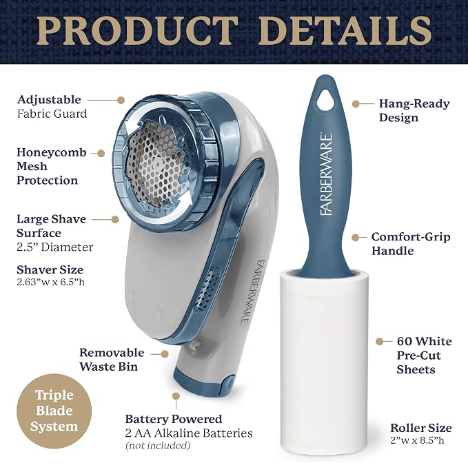 Farberware Fabric Shaver & Lint Roller Set, Portable | Sticky sheets lift pet - Image 6
