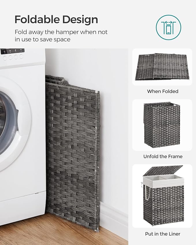 SONGMICS Laundry Hamper with Lid, 90L Double Wicker Basket, 6 Mesh Bags - Image 7