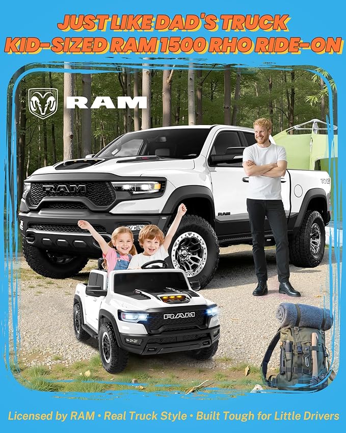 ENYOPRO 24V Ride on Toys for Big Kids, Licensed RAM 1500 RHO 2 Seater Toddler Ride on Car w/Remote Control, Kids Electric Car w/Truck Bed Storage, Real Tailgate, Music, LED Lights (White - High Door)