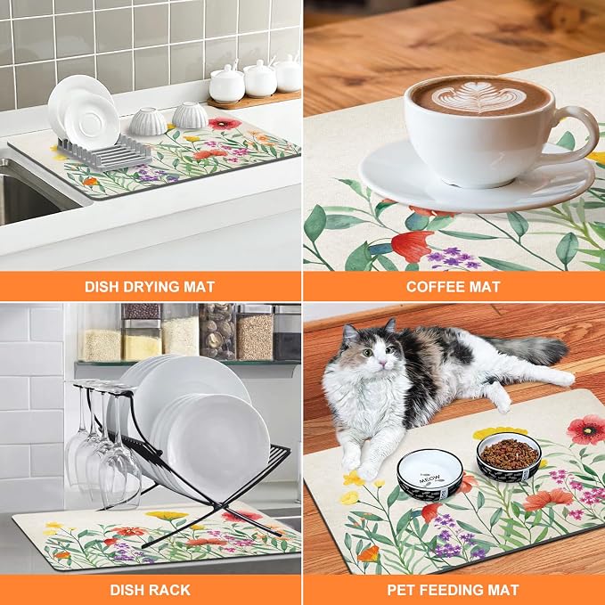 LOKHOM 18"x24" Dish Drying Mat，Colorful Floral Coffee Mat | Ultra Absorbent - Image 7