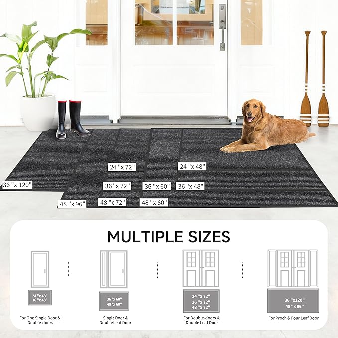 Front Door Mat, Heavy Duty Indoor Outdoor Doormat for Entryway, 48" x 24" Low Profile Outdoor Mats for Home Entrance, Stain and Fade Resistant Welcome Mat for High Traffic Area, Black