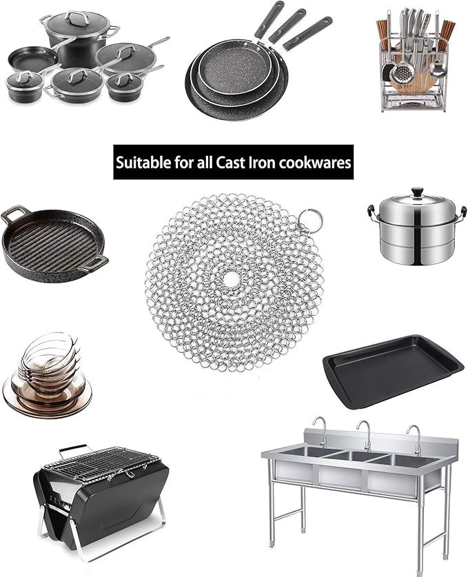 Cast Iron Skillet Cleaner Chainmail,2 Pack Premium Stainless Steel Chain Maille Scrubber for Cast Iron Pans,Stainless Steel,Glassware(7IN &5IN Round)