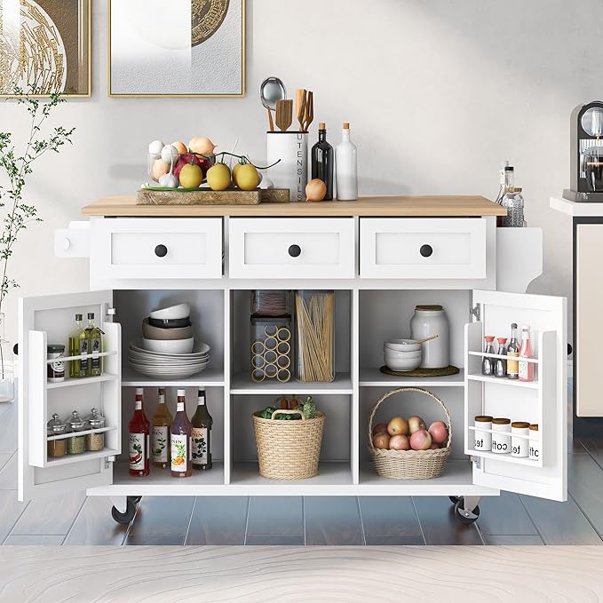 Merax Rolling Mobile Kitchen Island Cart Breakfast Bar with Wood Top, Door Internal Storage Racks, 3 Drawers and 5 Wheels for Dining Room