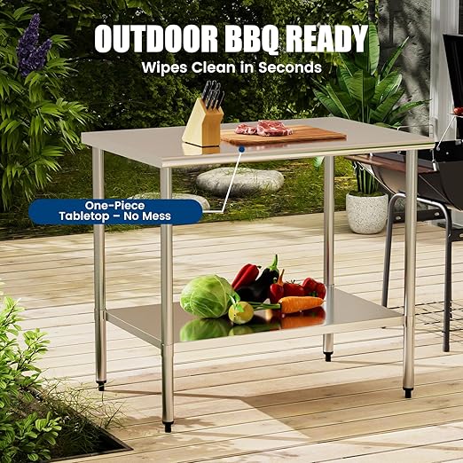 Stainless Steel Work Table 30 x 48 Inch with Adjustable Undershelf, Heavy-Duty Metal Prep Table for Commercial Kitchen & Restaurant, Garage, Outdoor