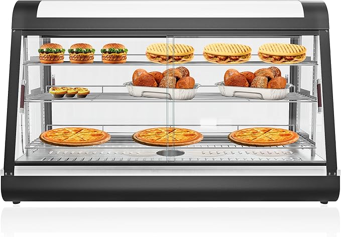 48 inch Food Warmer Display, Anpuce 3-Tier Food Warmer Countertop Display Pizza Pastry Warmer w/ 3D Heating with LED Lighting, Temper Glass Door, Pastry Display Case for Buffet Restaurant