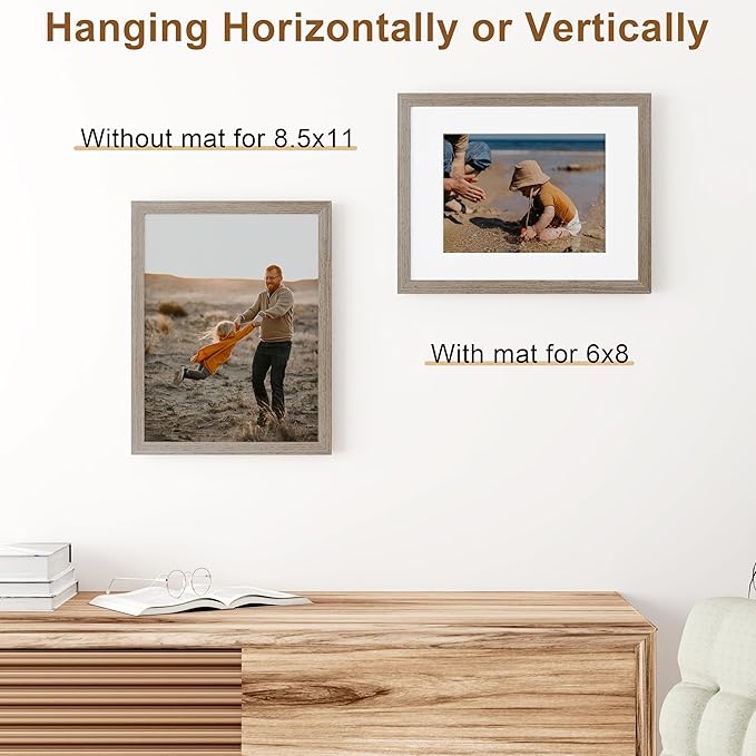 Vittanly 8.5x11 Picture Frame, Solid Wood Frame with Plexiglass, Includes 6x8 Mat, Wall Hanging or Tabletop for Photos, Home Decor, Light Brown, 1 Pack