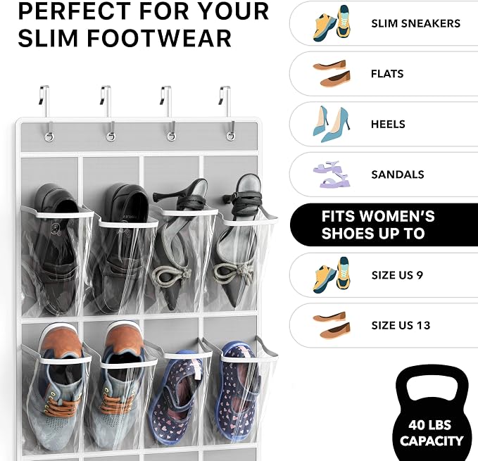 Simple Houseware 24 Pockets Clear Over the Door Shoe Organizer, 4 Durable Metal - Image 4