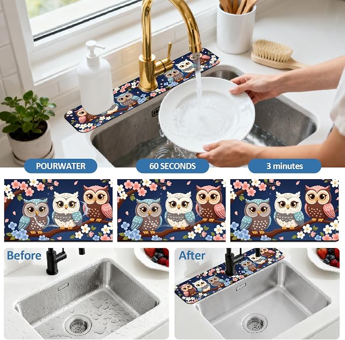 2 Pcs Kitchen Sink Splash Guard Faucet Mat Cartoon Owl Faucet Mats - Image 5