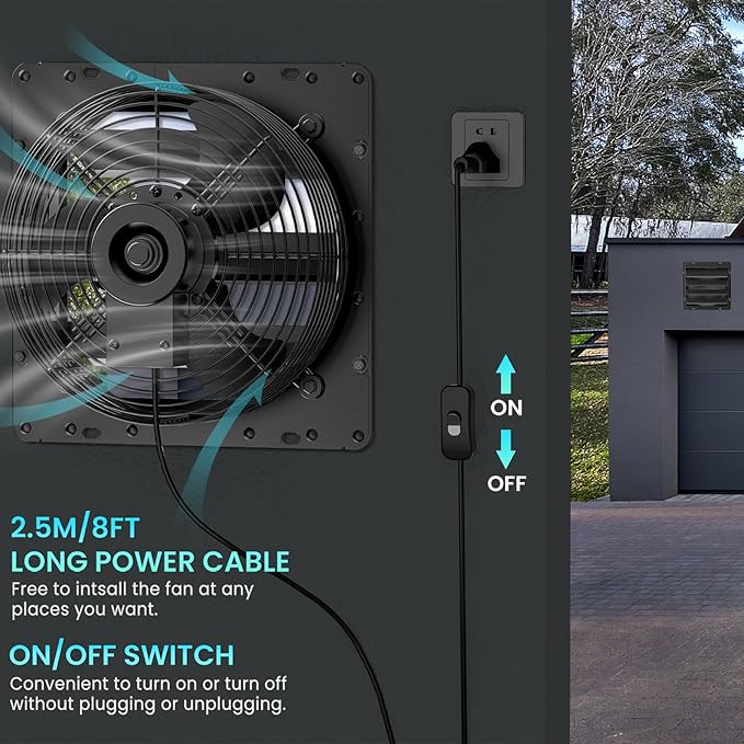 HG Power 10 Inch Shutter Exhaust Fan, 647CFM Quiet Garage Exhaust Fan with 8 Foot Long ON/OFF Switch Cable for Chicken Coop, Shed, Basement, Gable, Kitchen, Attic Ventilation Use, Black