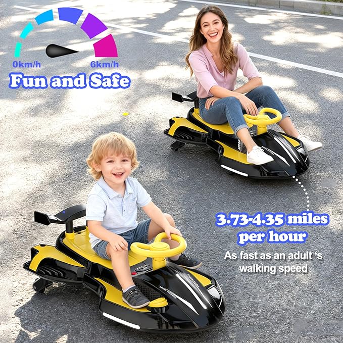 12V Electric Wiggle Car Ride On Toy, Swing Car with Pedal, for Kids from Ages 3 and Up, Birthday Gifts for Boys and Girls, Anti-Rollover, Flashing Wheels, Bluetooth (BlackYellow)