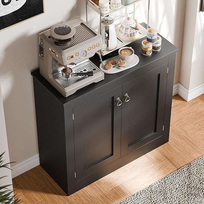 Cozy Castle Buffet Cabinet with Storage - Kitchen Storage Cabinet Wood Console Table Coffee Bar Accent Cabinets for Living Room Dining Room Entryway Black 31.5" W