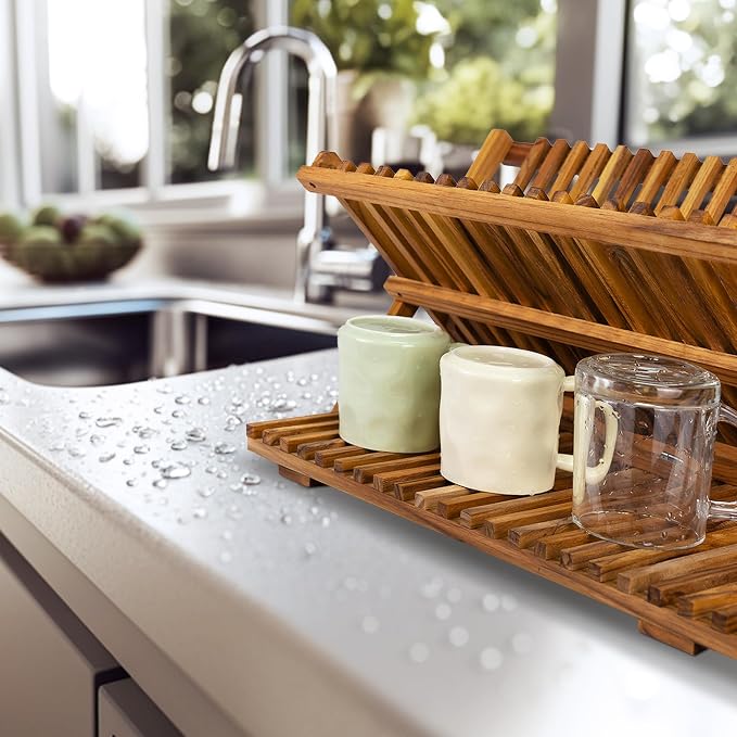 Utoplike Teak Dish Drying Rack Collapsible, Large Dishes Draine 3 Tier | - Image 4