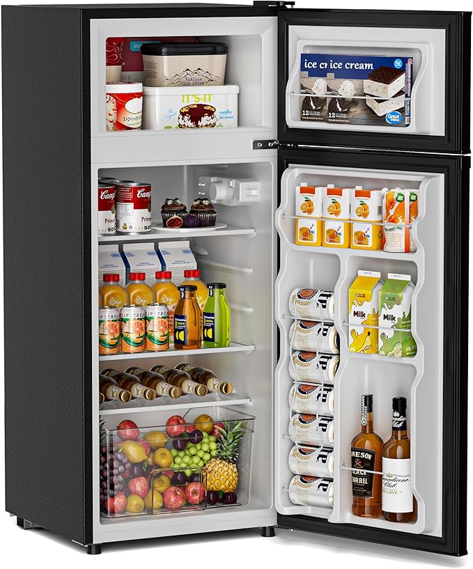 Double Door Refrigerator with Freezer, 4.5 Cu.Ft, Small Fridge with Freezer, 7 Settings Temperature Adjustable, Mini Refrigerator for Apartment Bedroom Dorm and Office (4.5 Cu.Ft, Black)