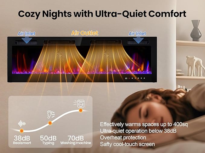 70" Electric Fireplace Realsmart Wall Mounted and Recessed 1500W Fireplaces Heaters with Remote Control Slim Black Wall Fireplace Adjustable 12 Flame Colors&5 Brightness Cool Touch Screen Timer