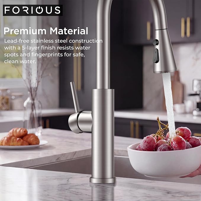 FORIOUS Kitchen Faucet with Pull Down Sprayer, High Arc, Brushed Nickel | - Image 5