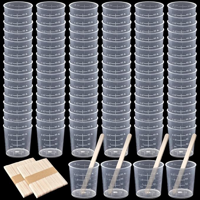 100 Pack 60ml/2oz Transparent Measuring Cups Reusable Clear Plastic Graduated Epoxy Mixing Cups with 100 Pack Wooden Stirring Sticks for Liquids Resin, Epoxy, Stain, Mixing Paint, School Labs