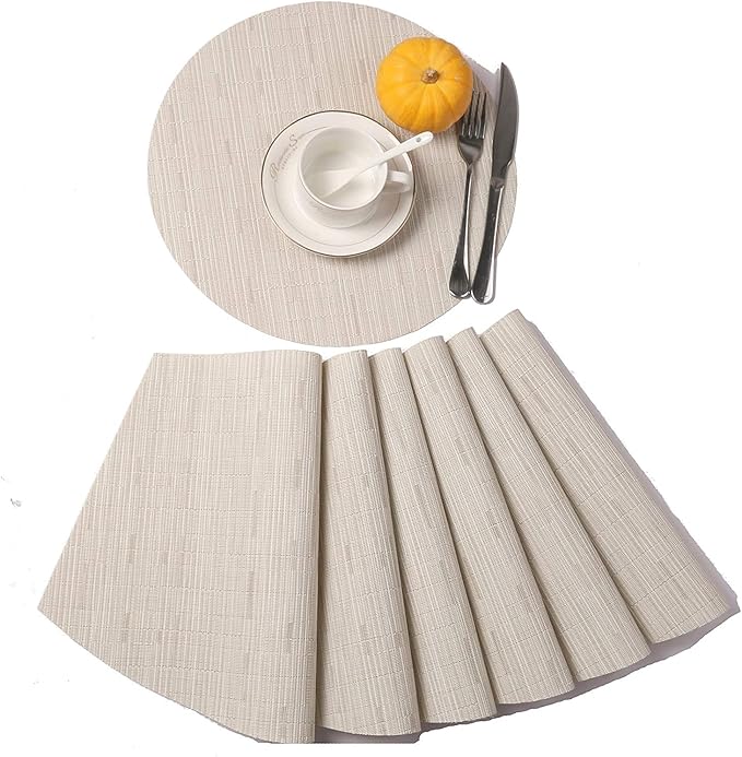 SHACOS Small Round Table Placemats Set of 5 Wedge Shaped Place Mat with Centerpiece Round Mat Heat Resistant Table Mats Washable (5, Beige)
