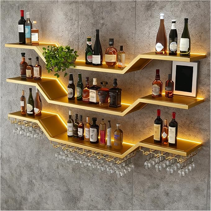 39.4in Modern LED Wine Rack Wall Mounted, 3-Tier Floating Bar Shelves with Wine Glass Rack, Large Hanging Liquor Shelf Wall Mounted, for Home Bar Dining Room Cafe Decorative (Gold, 39.4in/100cm)
