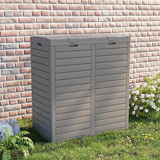 Outdoor Trash Can with Lid, Outdoor Trash Bin & Pull-Out Liquid Drawer, Dual Lid Closure Design, Waterproof Resin Garbage Can Container for Patio, Backyard, Deck (Grey, 76 Gallon)