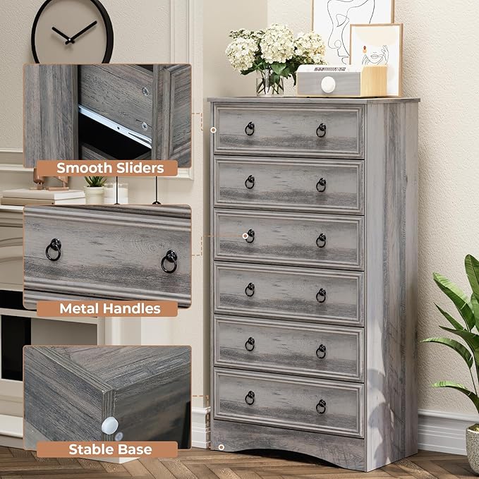 6 Drawer Dresser Tall, 52" Tall Grey Dresser for Bedroom, Chest of Drawers, Large Storage Organizer for Clothes, Grey Vintage, for Living Room, Bedroom, Hallway