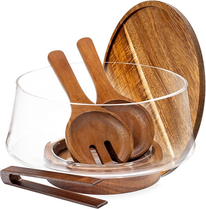 Large Glass Salad Bowl with Lid Set, 5.7 L Decorative Glass Mixing Bowl, Trifle and Serving Bowls with Lids as Cheese Charcuterie Board and Plate, Comes with Wood Serving Utensils