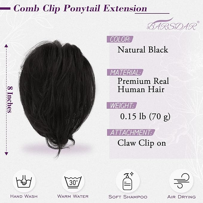 BARSDAR Claw Clip Short Human Hair Ponytail Extension with Bendable Metals - DIY Styles 8 Inch Real Human Hair Messy Bun Hairpieces for Women - Thick Natural Short Black Ponytail Daily Wear