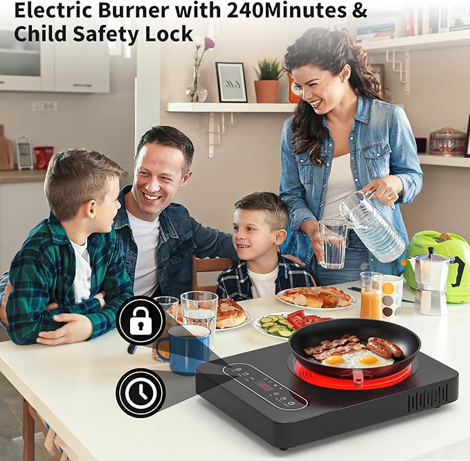 Single Burner Electric Cooktop,110V 1800W Electric Stove Top with LED Touch Control,10 Power Levels, 4 hTimer, Safety Lock,single electric burner Overheat protection