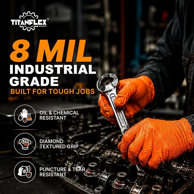 TitanFlex Heavy Duty Industrial Orange Nitrile Gloves, Gloves Disposable Latex - Image 2