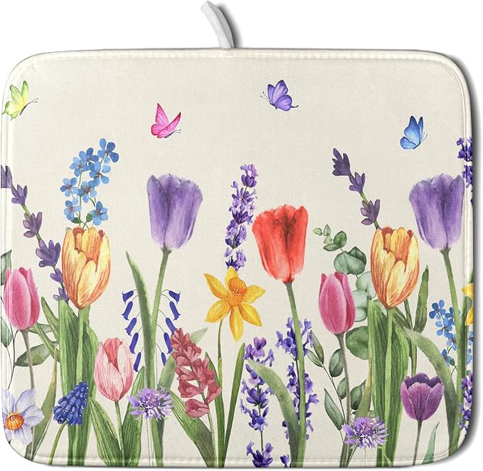 Spring Summer Colorful Flower Dish Drying Mat 16x18 Inch Spring Wildflowers by Kawani