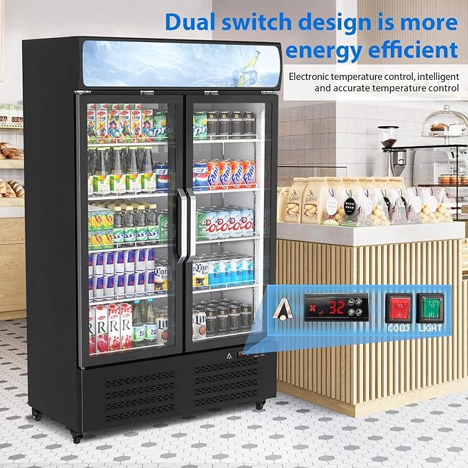 PeakPursuit Commercial Beverage Refrigerator 27.1 Cu.ft, Glass Door Display Fridge with LED Light, 10 Adjustable Shelves, Upright Merchandiser Refrigerator for Restaurant, Cafe, Store, Black