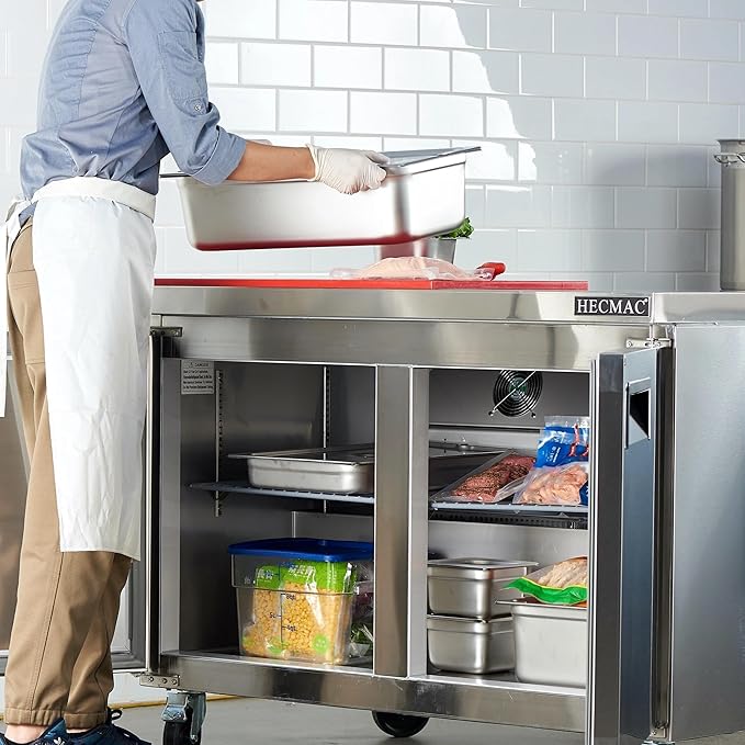 HECMAC 48" Commercial Freezer, 12.96 Cu.ft Worktop Undercounter Fridge with 2 Solid Door, -8~0℉, 18-8 Stainless Steel Interior, ETL&NSF/ANSI 7 for Restaurant, Bar, Shop, Kitchen Use