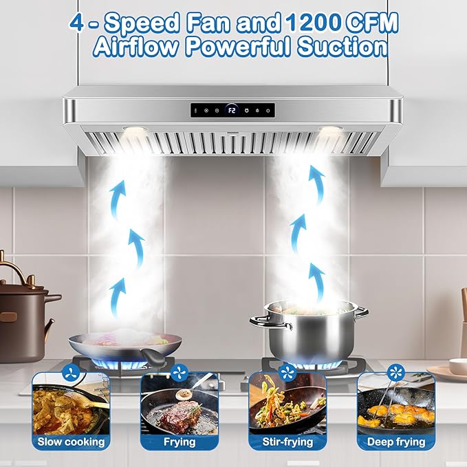 36 inch Under Cabinet Range Hood 1200 CFM with 4-Speed Gesture Sensing & Touch Control, Stainless Steel Kitchen Stove Vent Hoods with 2 LED Lights, Time Setting, Dishwasher-Safe Baffle Filters