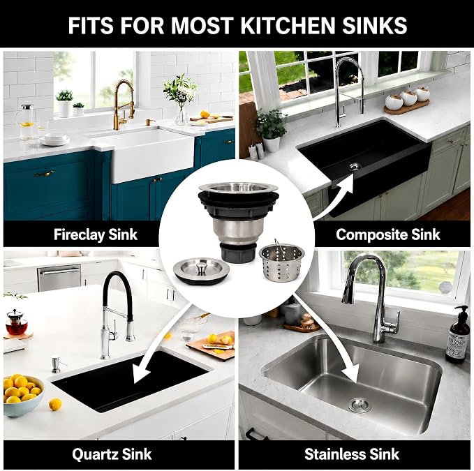 Kitchen Sink Drain Assembly Kit, 3-1/2 Inch Brushed 304 Stainless Steel Basket - Image 5