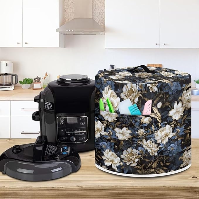 Flower Print Pressure Cooker Cover with Storage Pocket Compatible with 8 Quart Instant Pot, Durable Rice Cooker Air Fryer Accessories, Waterproof Kitchen Appliances Dust Cover