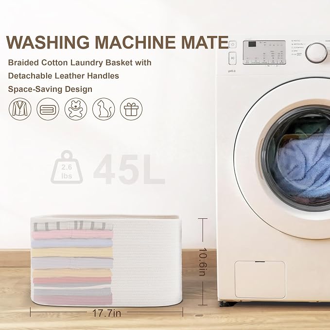 45L Small Woven Laundry Basket Hamper - Image 8