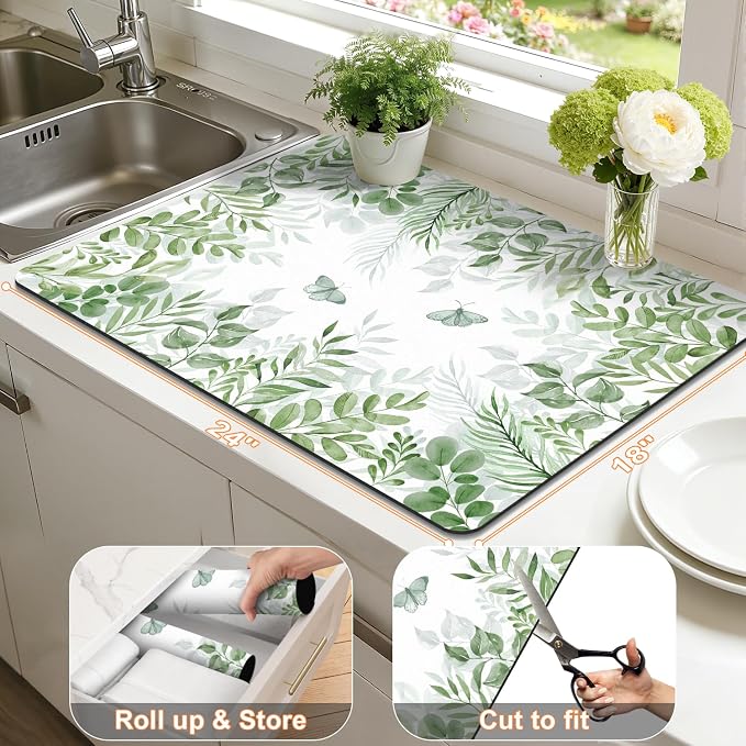 LOKHOM 18"x24" Dish Drying Mat， Green Plant Coffee Mat | Floral Butterfly Prints - Image 3