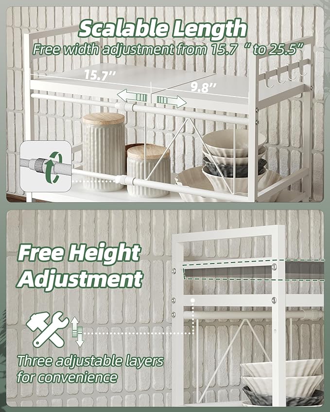NETEL Expandable Microwave Stand,3 Tier Metal Kitchen Countertop Organizer Shelves with 8 Hooks,Bakers Rack,Microwave Shelf,Microwave Oven Rack,55lbs Weight Capacity