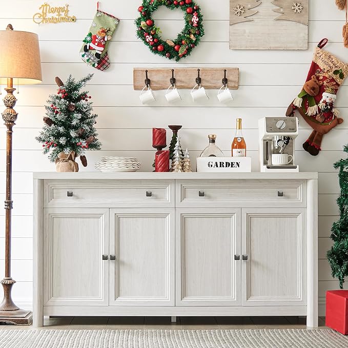 Farmhouse Sideboard Buffet Cabinet with Drawers, 59" Large Credenza Kitchen Storage Cabinets with Shelves & 4 Doors, Wood Rustic Coffee Bar Console Table for Living Room, White