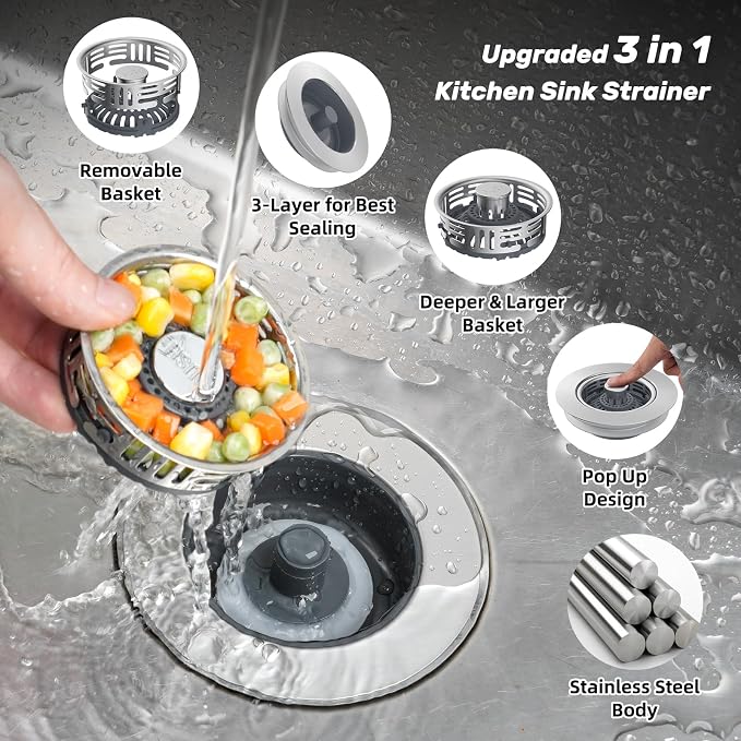 Hibbent 2 Pack 3 in 1 Kitchen Sink Drain Strainer, Metal Pop Up Stopper - Image 2
