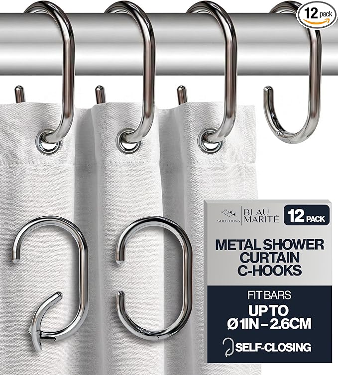 12 Metal Shower Curtain Hooks, Rust-Proof Decorative C-Shaped Curtain Hooks by BLAUMARIT%C3%89