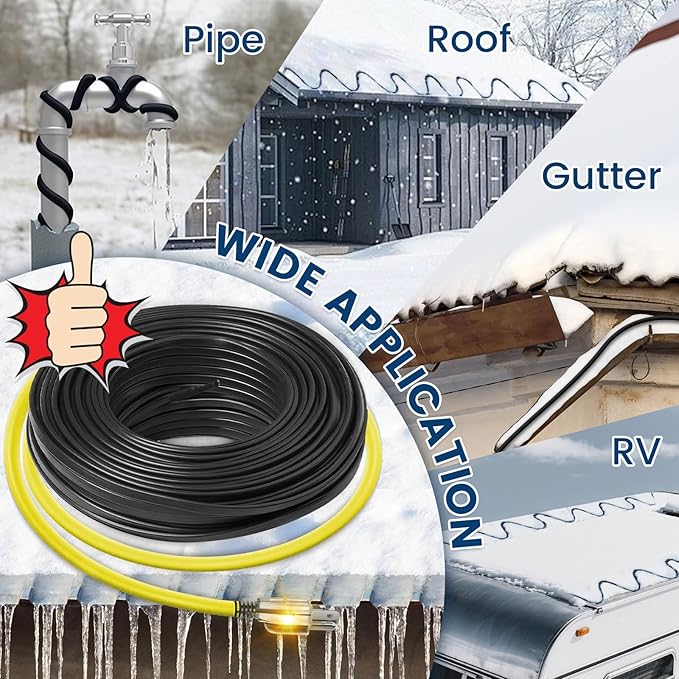 50 FT Heat Tape for Roof and Gutters, YeloDeer Gutter Heater Cable Heat Trace Cable for Snow De-Icing Ice Dam & Pipe Freeze Protection 7W/FT 120V