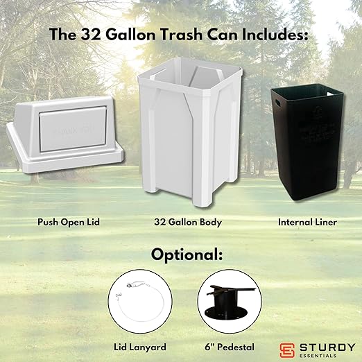 32 Gallon Square 100% Recycled Plastic Heavy Duty Indoor or Outdoor Commercial Trash Can with Push Lid | Great for Schools and Businesses - White