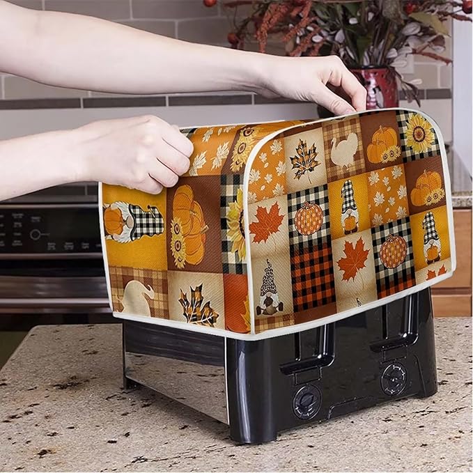UNICEU Autumn Pumkins Maple Leaves Toaster Covers 2 Slice Bread Maker Dust Cover, Fall Harvest Kitchen Small Appliance Dust Protector Cover, Thankgiving Day Gifts