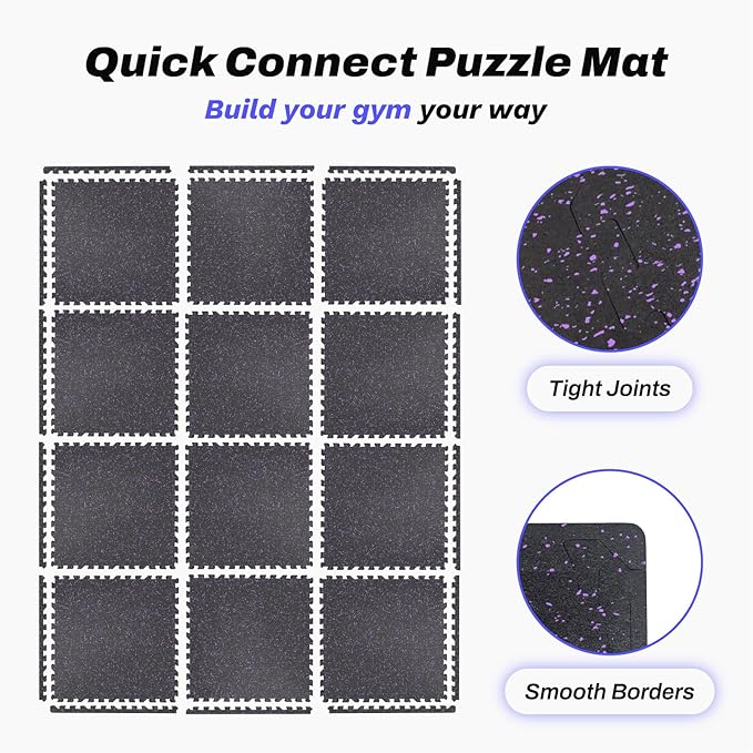 AIRHOP 0.56in Thick 48 Sq Ft Exercise Equipment Mats, 12 Tiles Upgraded Rubber Top with High Density EVA Foam, Large Interlocking Puzzle Gym Flooring for Home Gym, Heavy Weight Workout, 24 x 24in