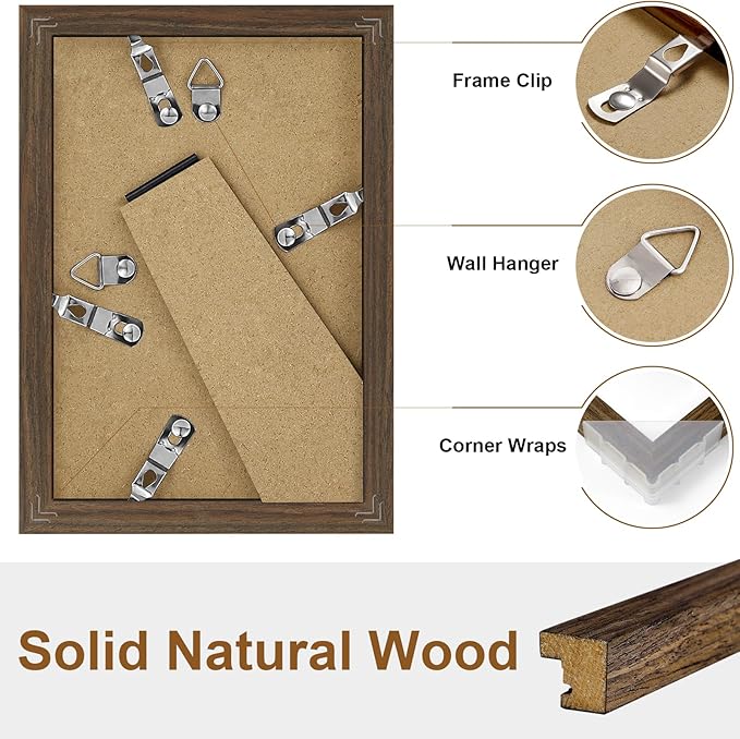Vittanly 4x6 Picture Frame Set of 2, Solid Wood Frame for Wall or Tabletop, Display Photo 3.5x5 with Mat or 4x6 without Mat, Brown