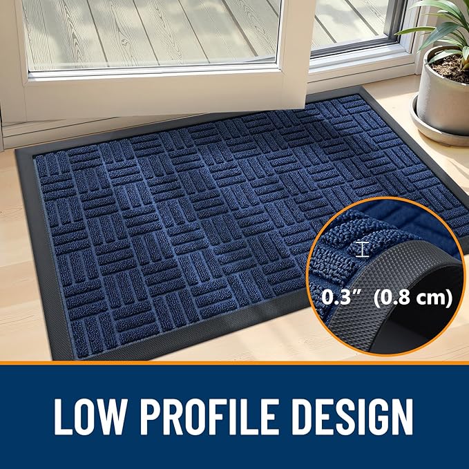 OLANLY Front Door Mat Outside Entrance 29.5x17, Absorbent, Heavy Duty Sturdy Natural Rubber Doormat Indoor Outdoor, Non-Slip, Stain and Fade Resistant, Low Profile Floor Mat for Entryway, Navy Blue