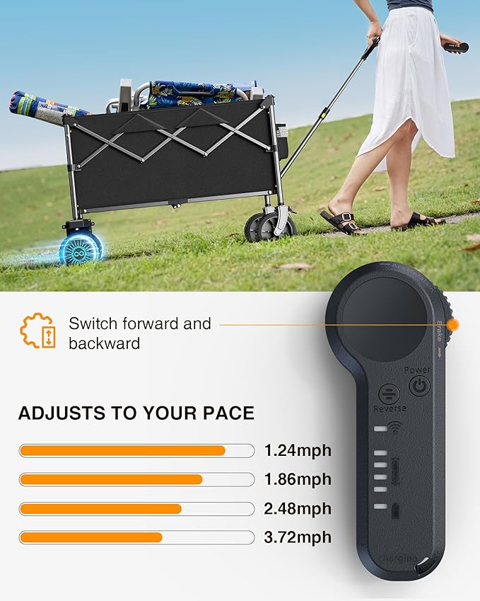 Dual Motor Electric Utility Wagon Cart–330 lb Load, 180 L Foldable Beach Wagon with Remote, 4-Speed, All-Terrain Wheels for Camping, Beach, Garden & Shopping, Black