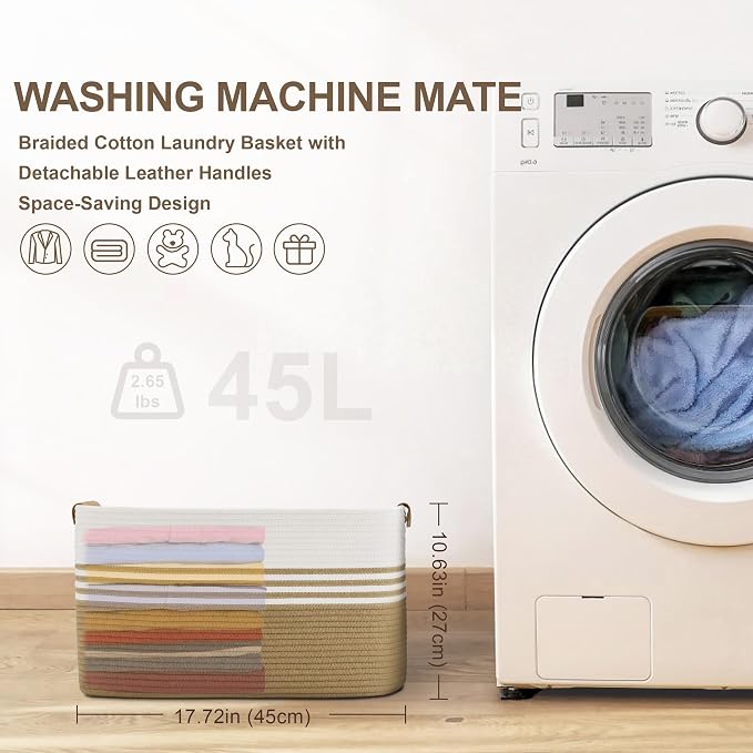 45L Small Woven Laundry Basket Hamper - Image 7
