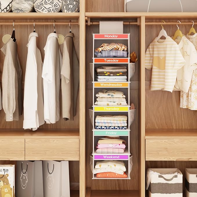 Fixwal Weekly Kids Clothes Organizer 2 Pack 6-Shelf Hanging Storage | Nonwoven - Image 5
